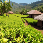 A vibrant scene in Madagascar: Lush green vanilla bean plantations under a bright sun, with local farmers carefully hand-pollinating the vanilla orchids. In the background, a bustling village shows the economic impact of vanilla production, highlighting the connection between the harvest and community well-being.