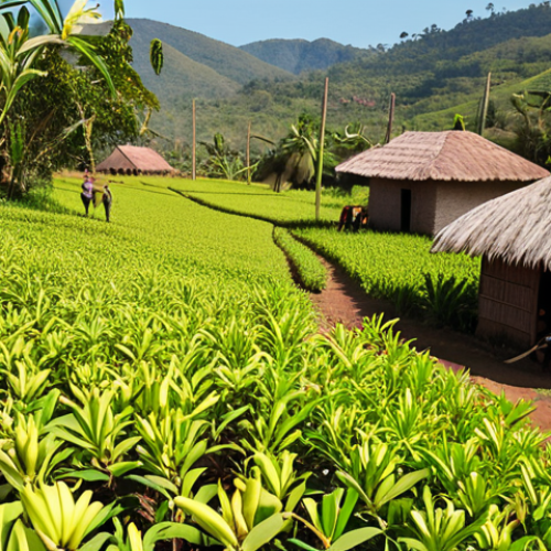 Home 4 A vibrant scene in Madagascar: Lush green vanilla bean plantations under a bright sun, with local farmers carefully hand-pollinating the vanilla orchids. In the background, a bustling village shows the economic impact of vanilla production, highlighting the connection between the harvest and community well-being.