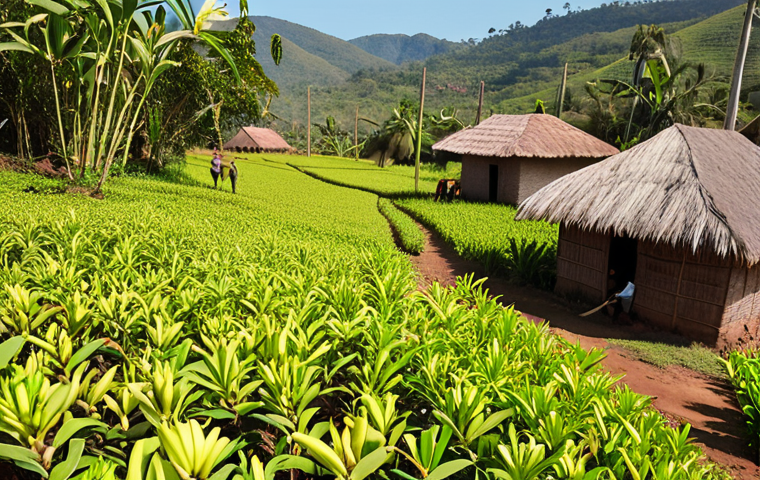 A vibrant scene in Madagascar: Lush green vanilla bean plantations under a bright sun, with local farmers carefully hand-pollinating the vanilla orchids. In the background, a bustling village shows the economic impact of vanilla production, highlighting the connection between the harvest and community well-being.