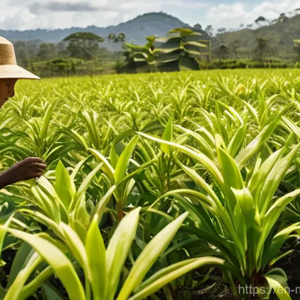 마다가스카르 주요 수출품 - **Prompt:** A vibrant, sun-drenched scene on a vanilla plantation in Madagascar. A Malagasy farmer, ...