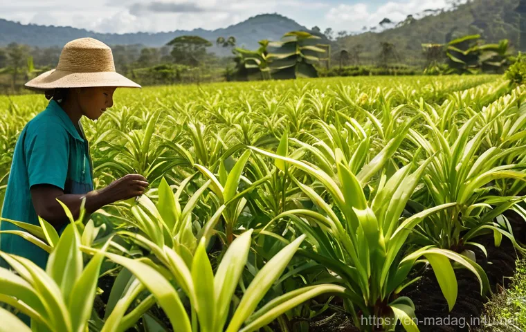 마다가스카르 주요 수출품 - **Prompt:** A vibrant, sun-drenched scene on a vanilla plantation in Madagascar. A Malagasy farmer, ...