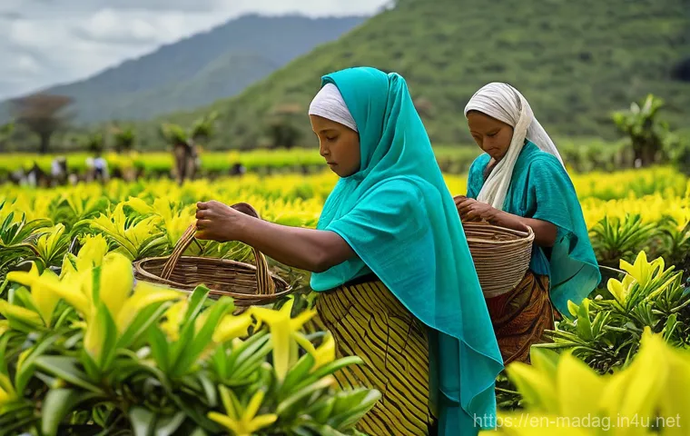 마다가스카르 주요 수출품 - **Prompt:** A group of artisanal sapphire miners in Madagascar, working in an open-air quarry with r...
