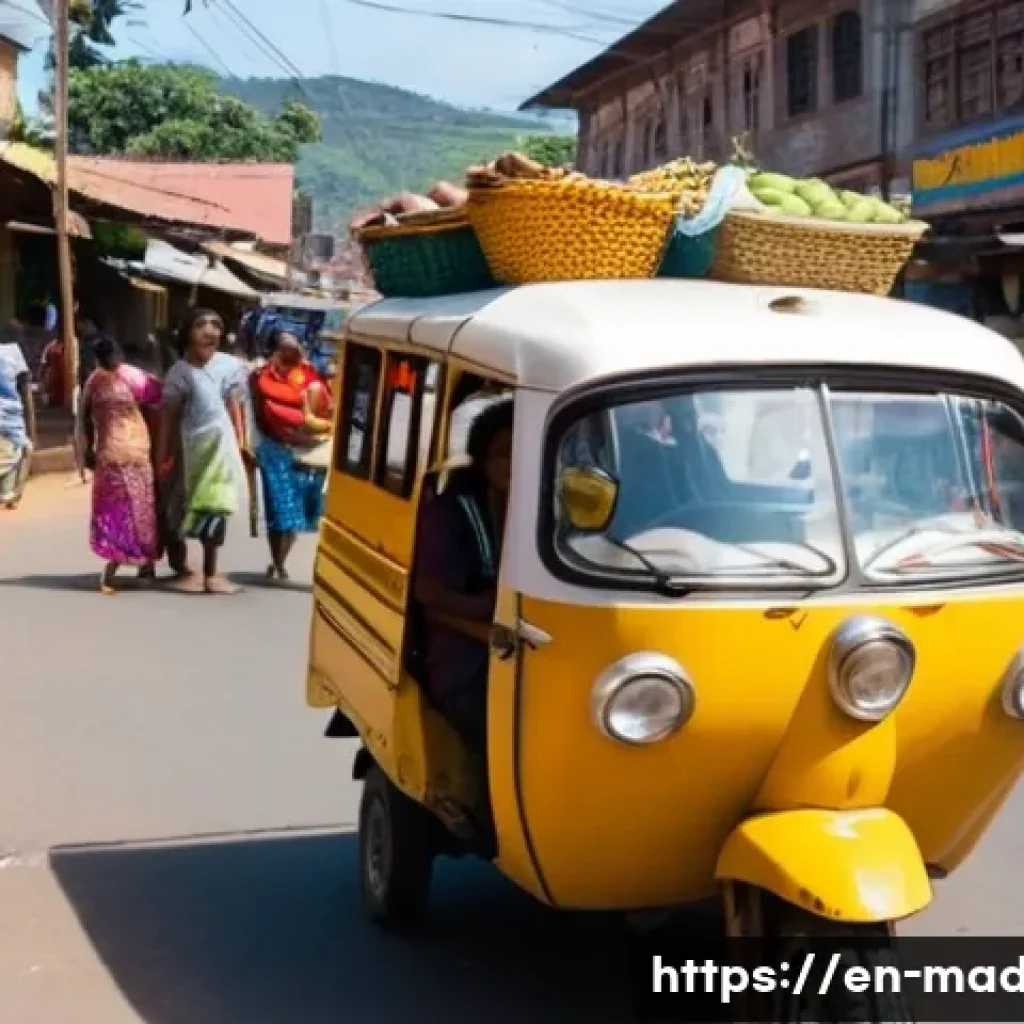 마다가스카르 여행 안전 꿀팁 - **Prompt:** A bustling street scene in a mid-sized Madagascan town, with a vibrant yellow auto-ricks...