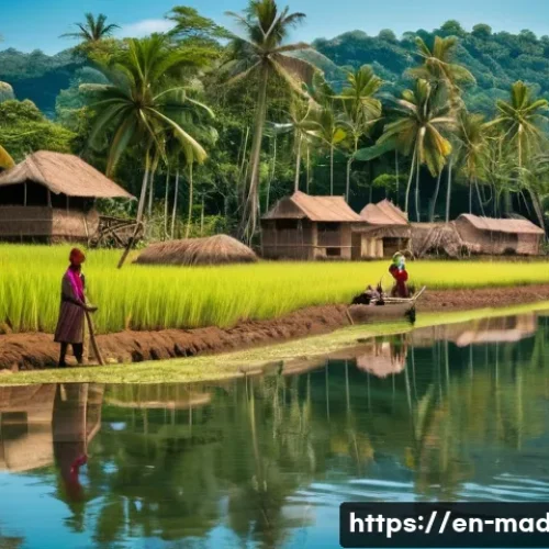 마다가스카르 역사와 독립 과정 - A detailed historical scene depicting early Malagasy settlers on the island of Madagascar around 1,5...