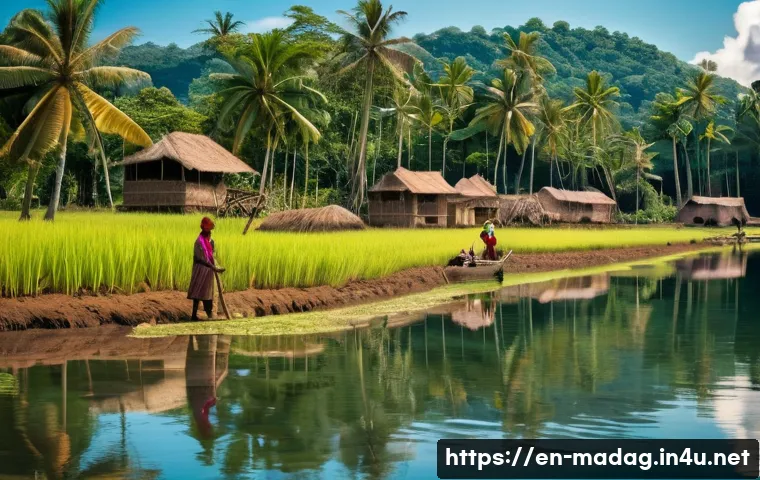 마다가스카르 역사와 독립 과정 - A detailed historical scene depicting early Malagasy settlers on the island of Madagascar around 1,5...