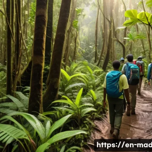 마다가스카르에서 피해야 할 장소 - A detailed scene of a dense Madagascar rainforest trail in Masoala National Park during daytime, fea...