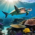 마다가스카르 노시베 관광 정보 - A vibrant underwater scene in Nosy Be featuring colorful coral reefs teeming with diverse marine lif...