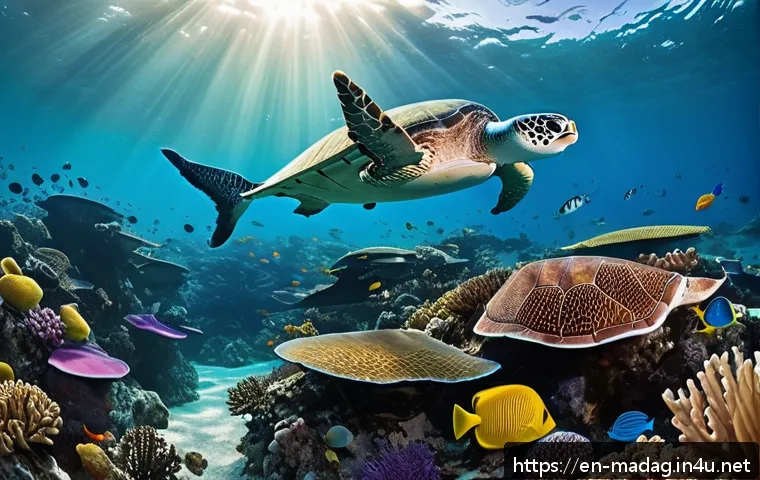 마다가스카르 노시베 관광 정보 - A vibrant underwater scene in Nosy Be featuring colorful coral reefs teeming with diverse marine lif...
