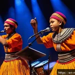 마다가스카르 유명 음악가 및 아티스트 - A vibrant concert scene in Antananarivo featuring young Malagasy musicians blending traditional inst...