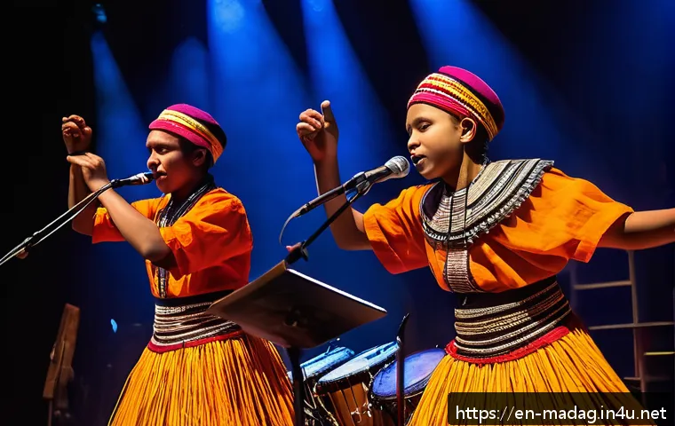 마다가스카르 유명 음악가 및 아티스트 - A vibrant concert scene in Antananarivo featuring young Malagasy musicians blending traditional inst...