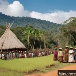 마다가스카르 독립운동과 정치 변화 - A vivid scene of early 20th-century Malagasy villagers and clan members united in a forested landsca...