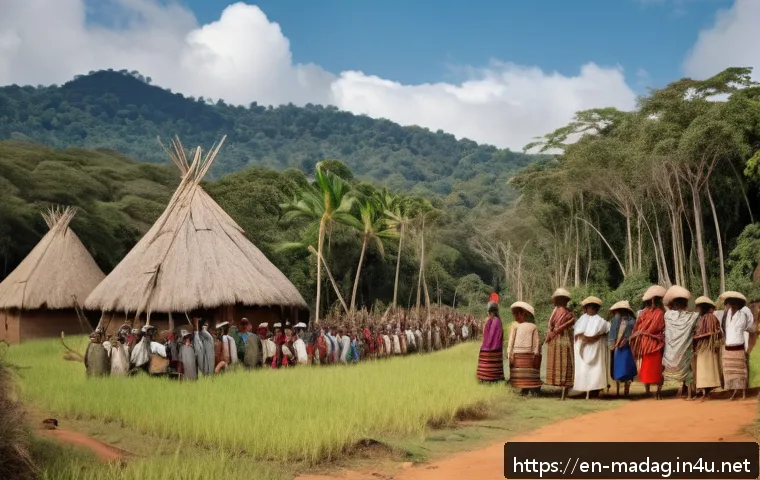 마다가스카르 독립운동과 정치 변화 - A vivid scene of early 20th-century Malagasy villagers and clan members united in a forested landsca...