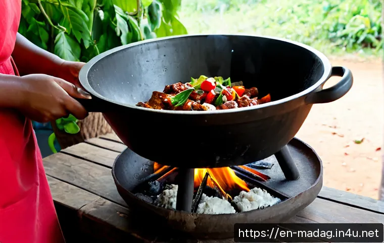 마다가스카르 전통 음식과 조리법 - Photorealistic Malagasy home kitchen, a cook preparing traditional romazava stew in a large black po...