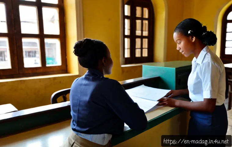 마다가스카르의 프랑스어 사용 범위 - Photorealistic documentary scene in Antananarivo, Madagascar, showing a French-speaking public servi...